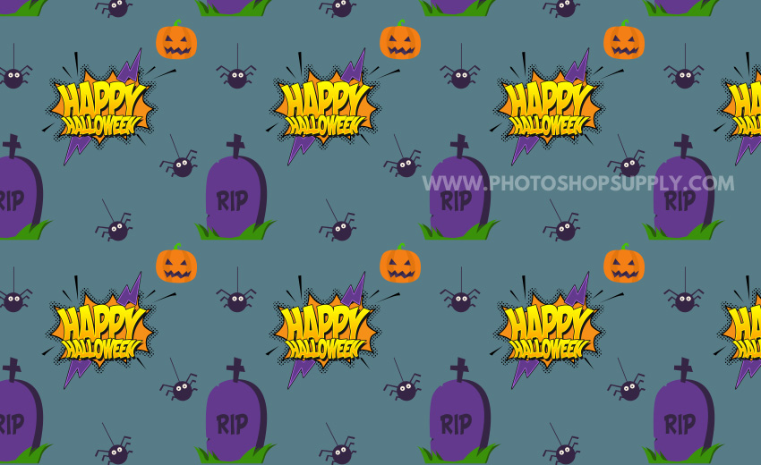 Halloween Text Pattern with Spiders and Tombstones